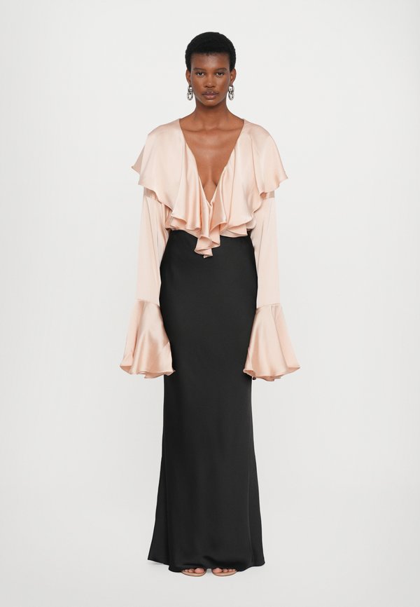 Norma Kamali LONG SLEEVE DEEP V RUFFLE BODYSUIT