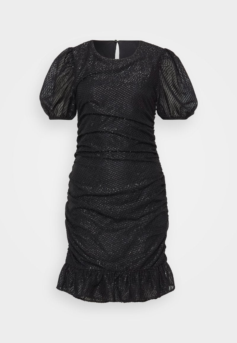 Schwarzes Minikleid mit puffigen Ärmeln, gerafften Details, strukturiertem Stoff und einem ausgestellten Saum. Wird mit einem Reißverschluss auf der Rückseite geschlossen.