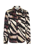 Langärmlige Bluse mit Knopfverschluss und Kragen, mit abstrakten Zebramustern in Schwarz, Creme, Burgunderrot und Pinktönen.