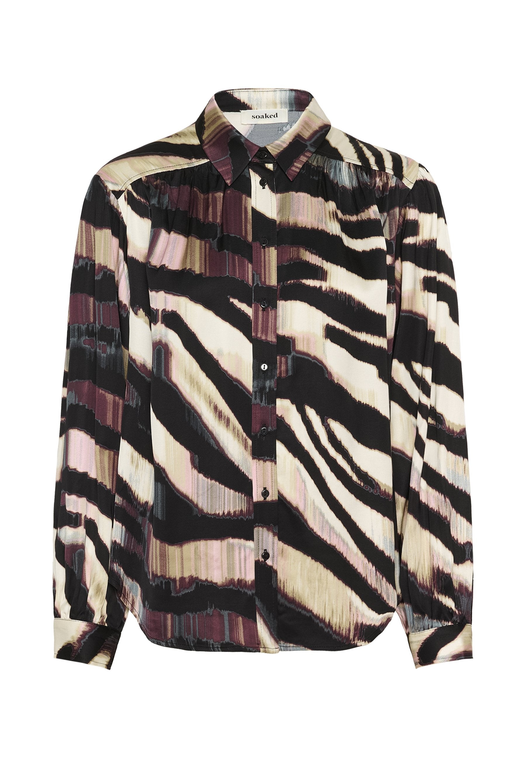 Langärmlige Bluse mit Knopfverschluss und Kragen, mit abstrakten Zebramustern in Schwarz, Creme, Burgunderrot und Pinktönen.