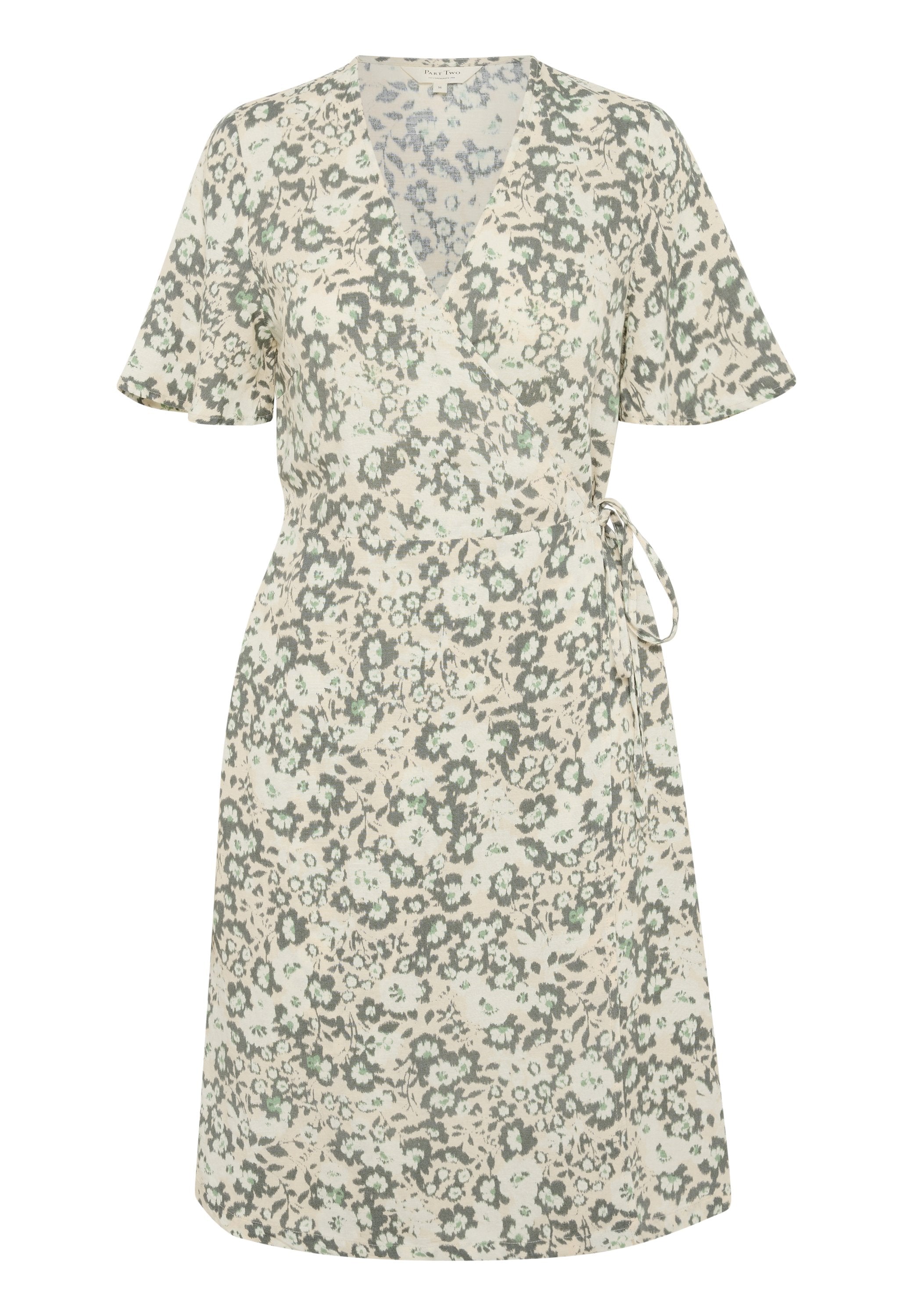 Blumenkleid mit V-Ausschnitt, kurzen Ärmeln und einem Bindeband in der Taille. Das Muster besteht aus grauen und grünen Blumen auf einem cremigen Hintergrund.
