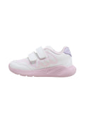 Weißer und rosa Kindersneaker mit doppelten Klettverschlüssen, atmungsaktivem Mesh-Obermaterial und strukturierter rosa Sohle.