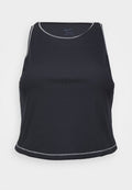 Schwarzes ärmelloses Sport-Tanktop aus feuchtigkeitsableitendem Material mit rundem Ausschnitt, flachen Nähten und einem leicht geschwungenen Saum.