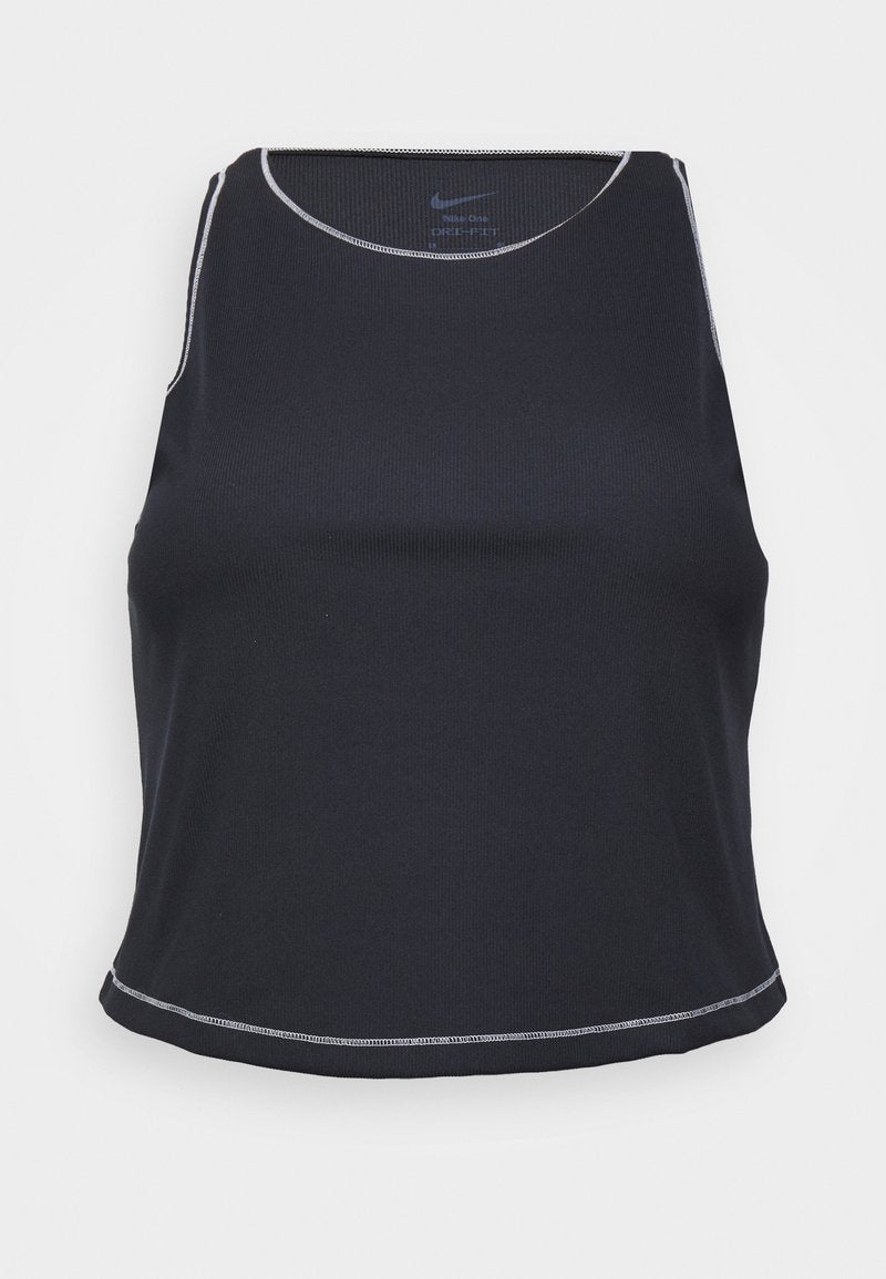 Schwarzes ärmelloses Sport-Tanktop aus feuchtigkeitsableitendem Material mit rundem Ausschnitt, flachen Nähten und einem leicht geschwungenen Saum.