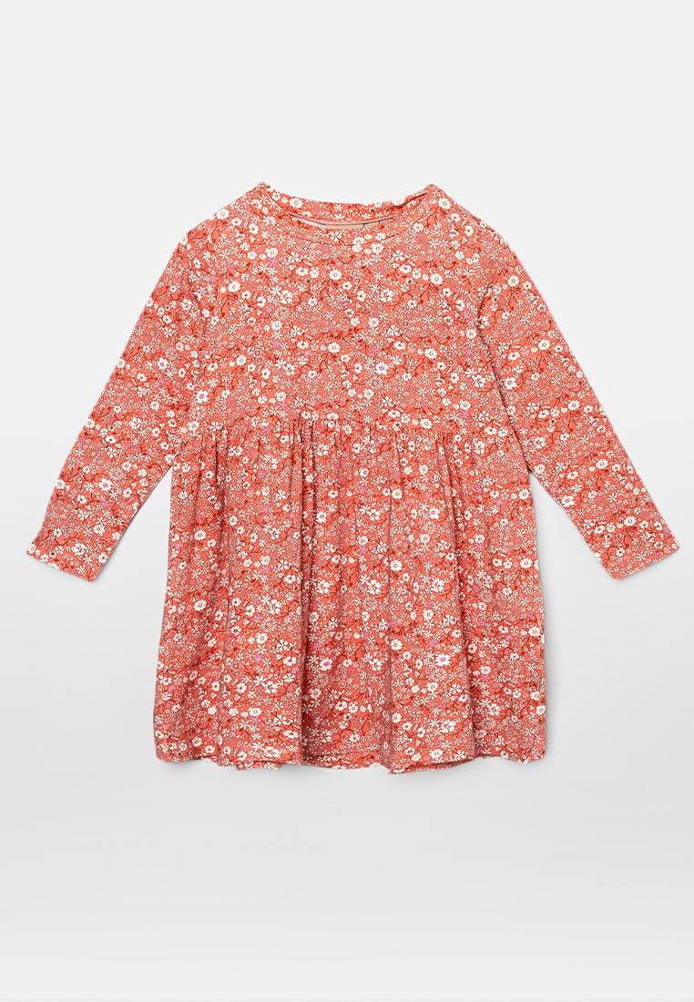 Langärmliges Kleid in Koralle mit floralem Muster. Hat einen runden Ausschnitt, eine geraffte Taille und besteht aus weichem, leichtem Material.