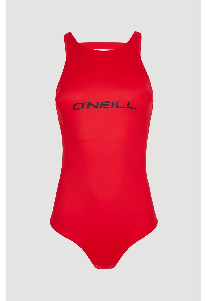 Roter Einteiler-Badeanzug aus glattem, elastischem Material, mit Rundhalsausschnitt und schwarzem "O'NEILL"-Logo auf der Vorderseite.