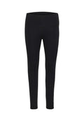 Schwarze Leggings aus dehnbarem Stoff, mit einem hohen Bund und einer glatten Textur. Keine sichtbaren Muster oder metallischen Details.