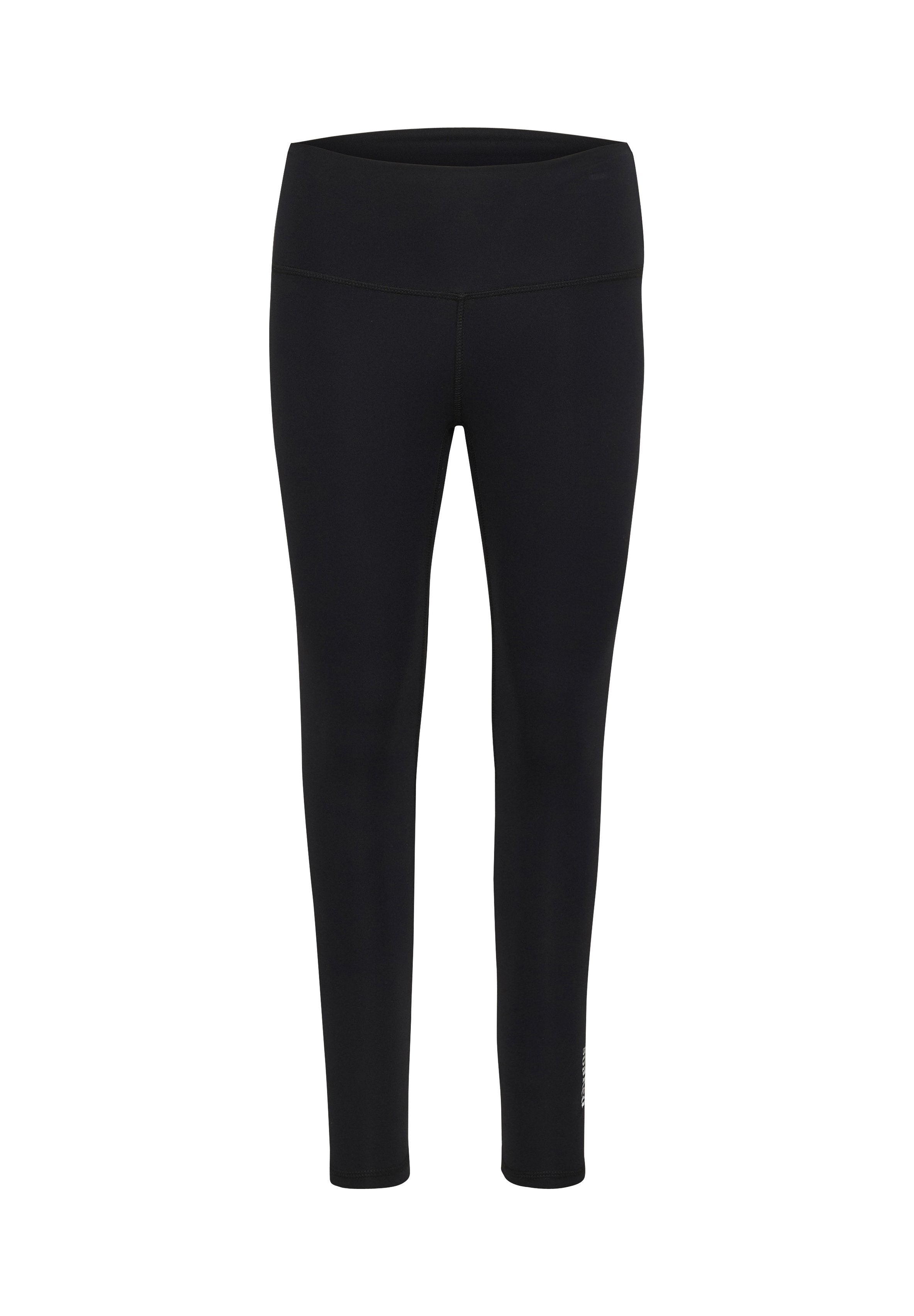 Schwarze Leggings aus dehnbarem Stoff, mit einem hohen Bund und einer glatten Textur. Keine sichtbaren Muster oder metallischen Details.