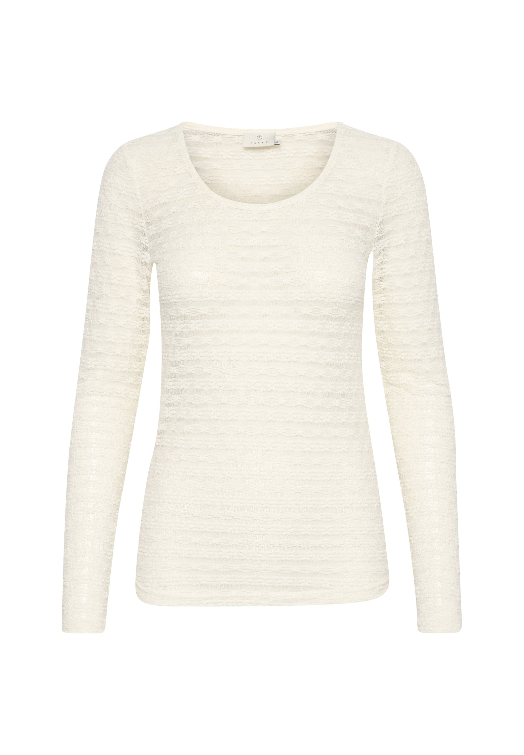 Langarmshirt in Off-White mit strukturiertem, geripptem Muster. Verfügt über einen runden Ausschnitt und eine taillierte Passform.