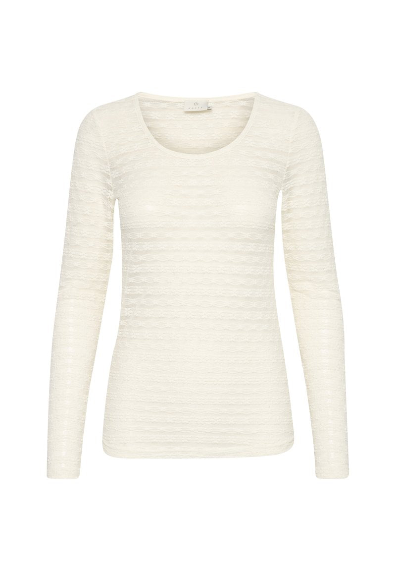 Langarmshirt in Off-White mit strukturiertem, geripptem Muster. Verfügt über einen runden Ausschnitt und eine taillierte Passform.