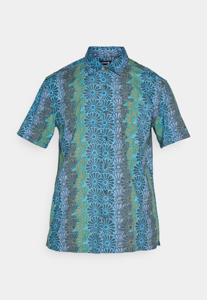 Kurzarmhemd in blau, türkis und gold mit floralen Mustern, mit Knopfleiste und klassischem Kragen, aus leichtem Stoff gefertigt.
