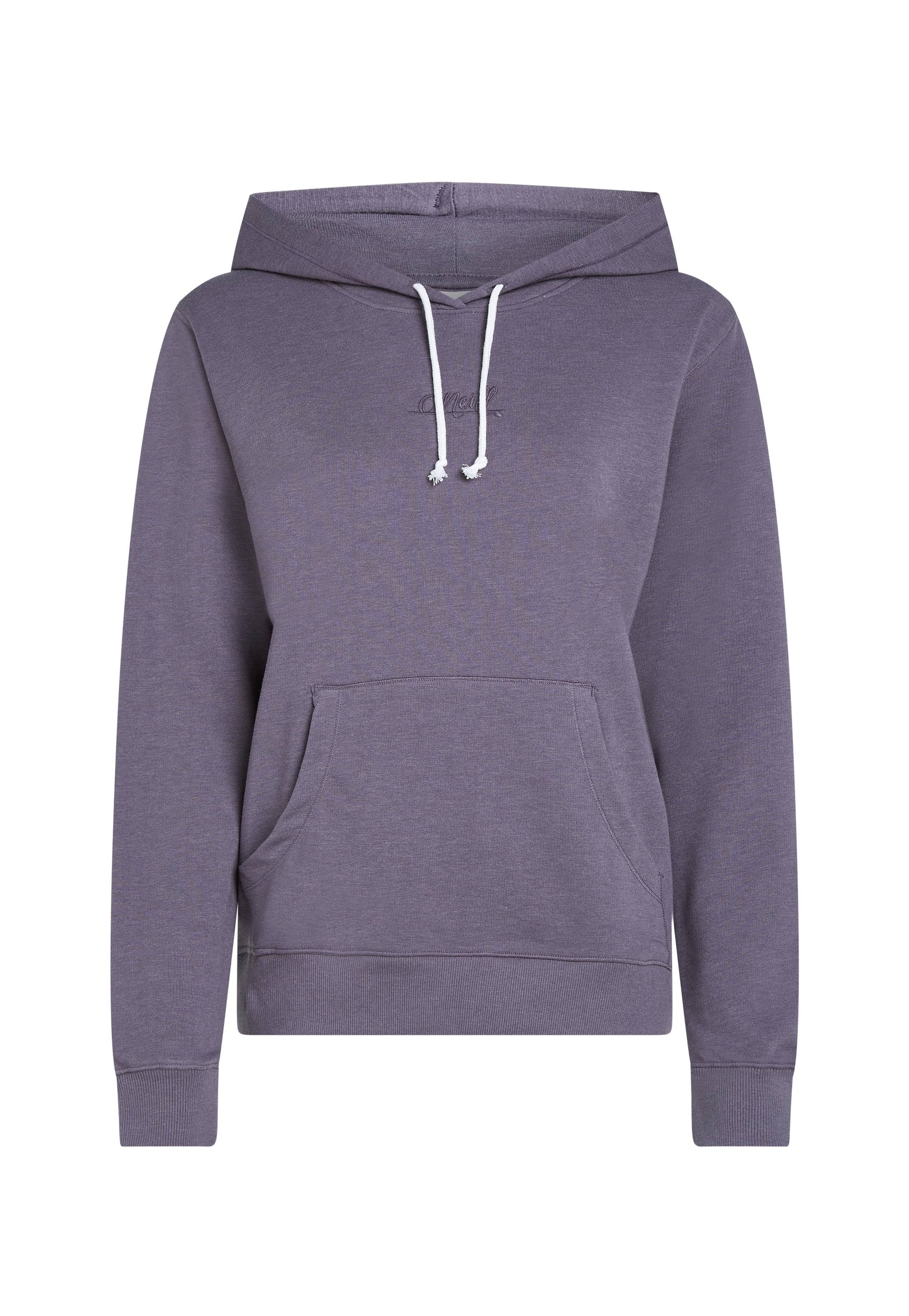 Lila Kapuzenpullover mit einer Fronttasche, ausgestattet mit weißen Kordeln und gerippten Bündchen. Hergestellt aus weichem Stoff mit einer strukturierten Oberfläche.