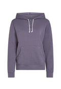 Lila Kapuzenpullover mit einer Fronttasche, ausgestattet mit weißen Kordeln und gerippten Bündchen. Hergestellt aus weichem Stoff mit einer strukturierten Oberfläche.