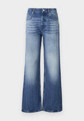 Helle blaue weit geschnittene Jeans aus Denim, mit hoher Taille, verblasster Textur und Markenpatch auf der Gesäßtasche.