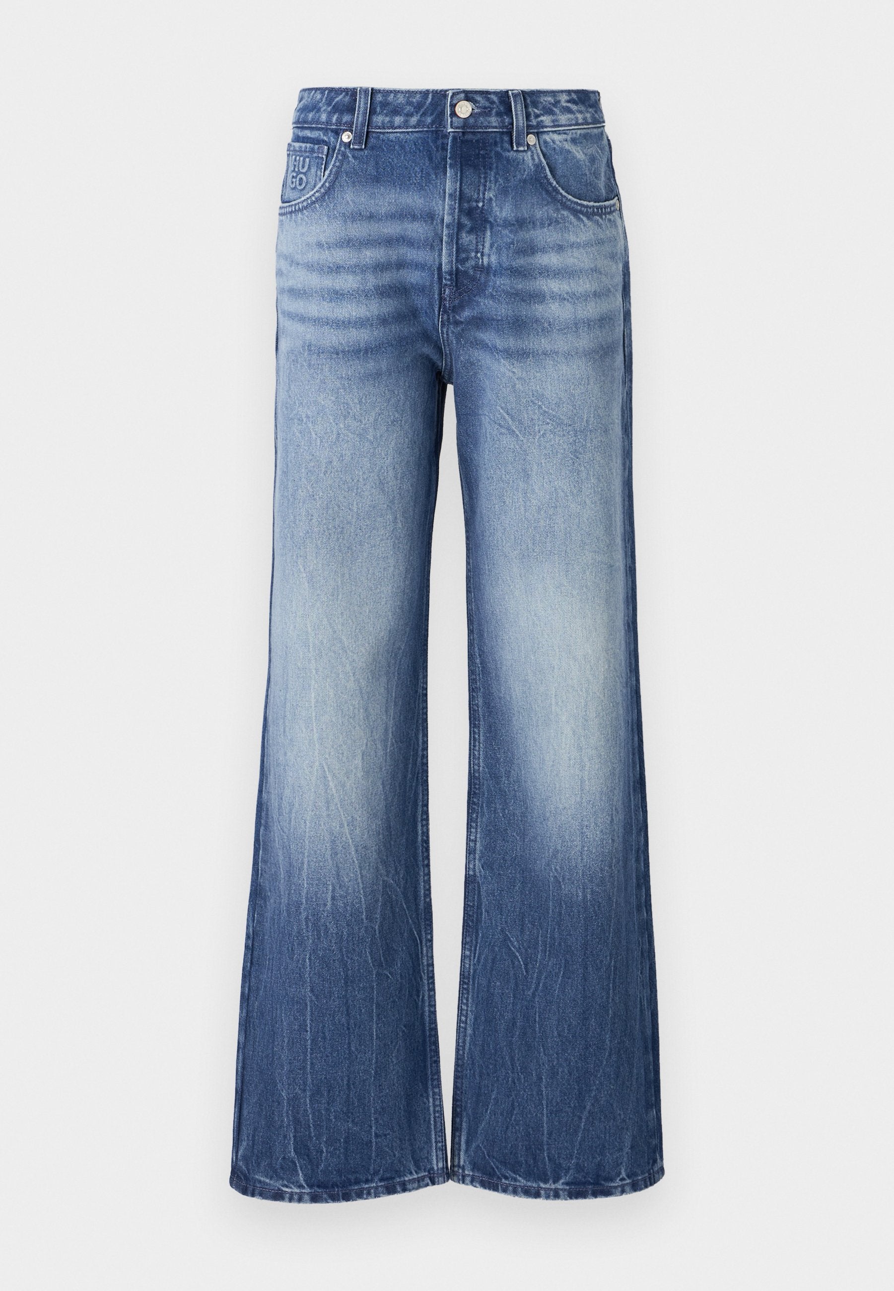Helle blaue weit geschnittene Jeans aus Denim, mit hoher Taille, verblasster Textur und Markenpatch auf der Gesäßtasche.