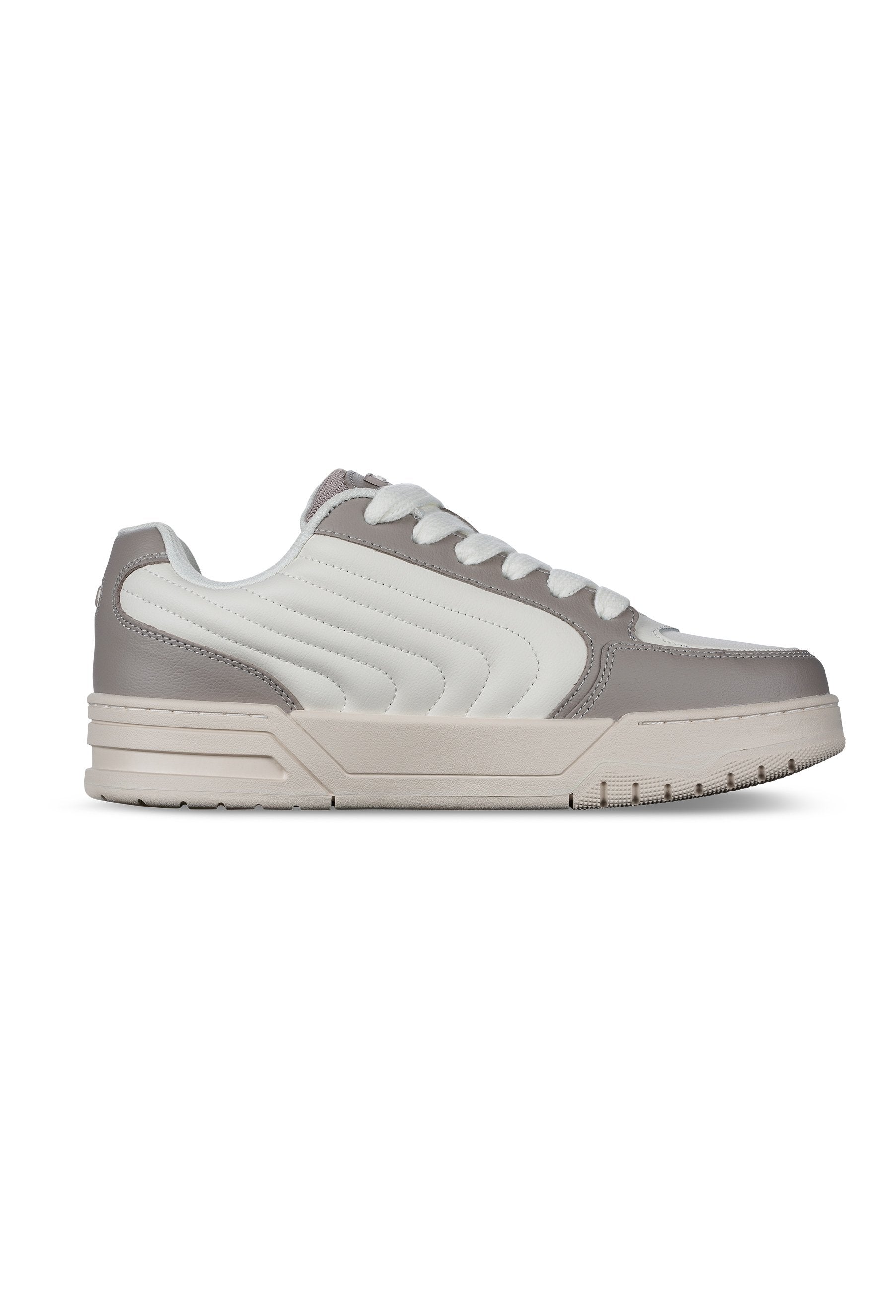 Graue und weiße Sneakers mit einem schlanken Design, strukturierten Seitenpanelen und einer Gummisohle. Verfügt über weiße Schnürsenkel und minimalistische Markenakzente.