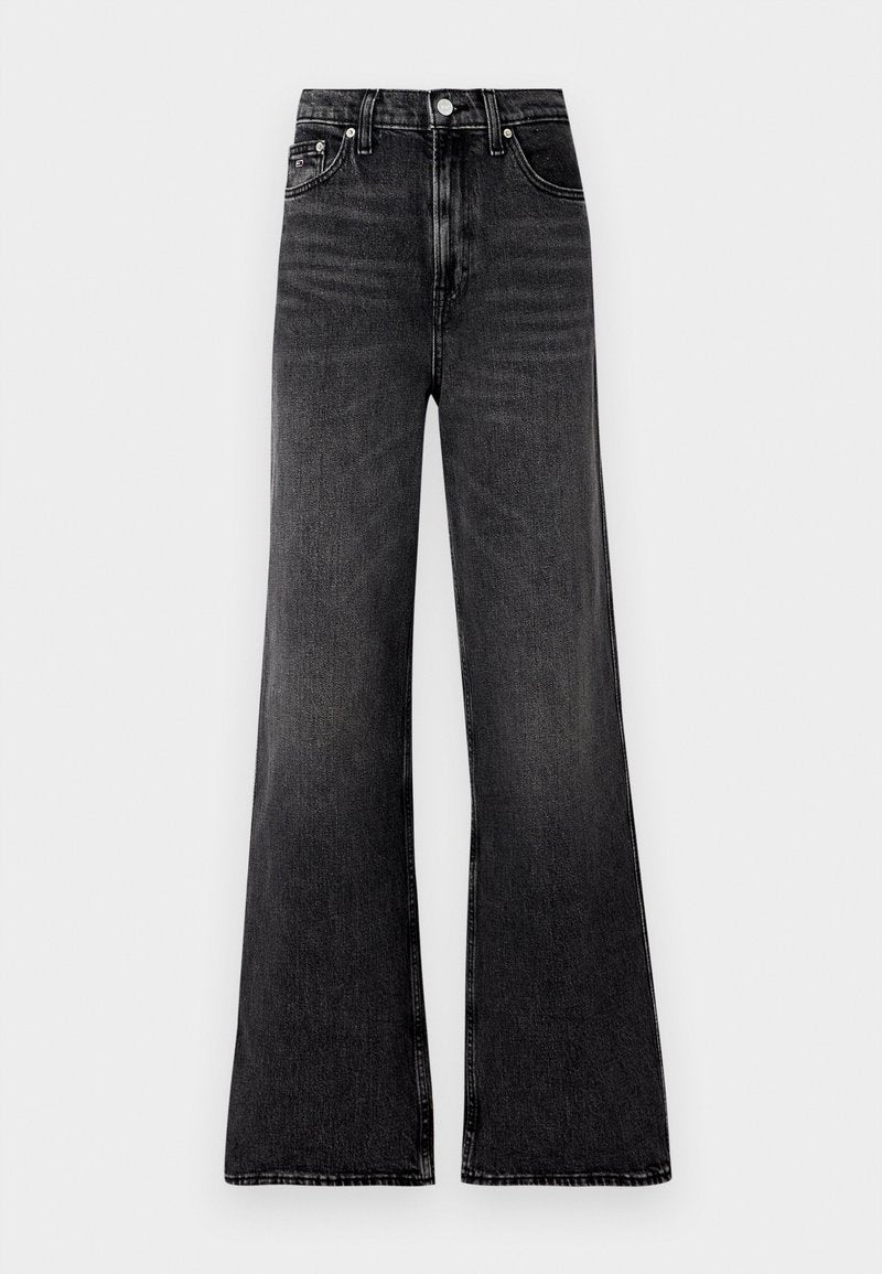 Schwarz-weit geschnittene Denim-Jeans mit leicht verwaschenem Finish, hoher Taille, Metallknopfverschluss und minimalen Nähten.