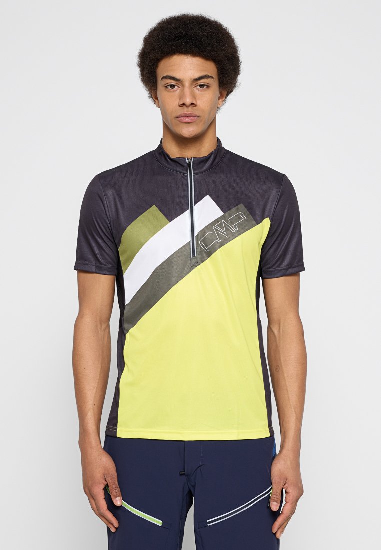 Kurzarm-Zipshirt in Dunkelgrau und Neon-Gelb, mit diagonalen Farbschlägen und CMP-Logo-Detail auf der Brust.