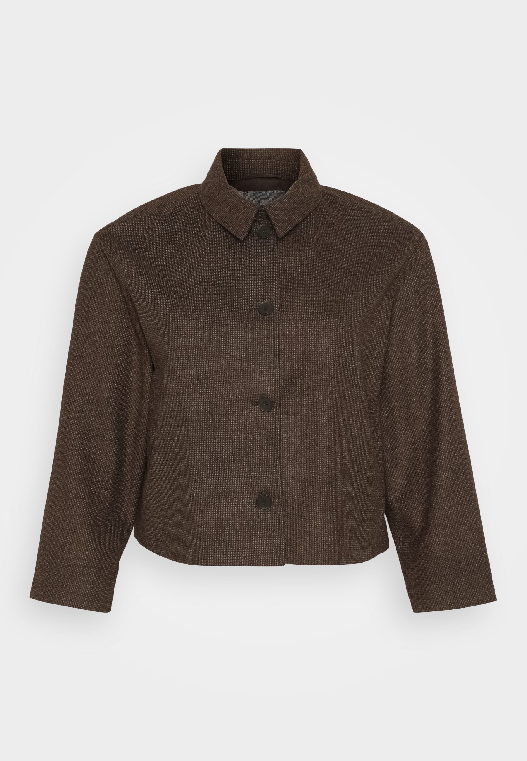 Braune kurze Jacke mit strukturiertem Design, mit Kragen, vorderer Knopfleiste und langen Ärmeln aus strukturiertem Stoff.