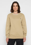 Beiger Sweatshirt mit Rundhalsausschnitt, langen Ärmeln und gerippten Bündchen. Mit dem weißen Text "DAILY PAPER" entlang des Ausschnitts und einem kleinen Logo auf der Brust.
