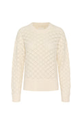 Cremfarbener, gestrickter Pullover mit einem Rauten-Spitzenmuster, gerippten Bündchen und Saum sowie einem klassischen Rundhalsausschnitt. Strukturierter und leichter Stoff.