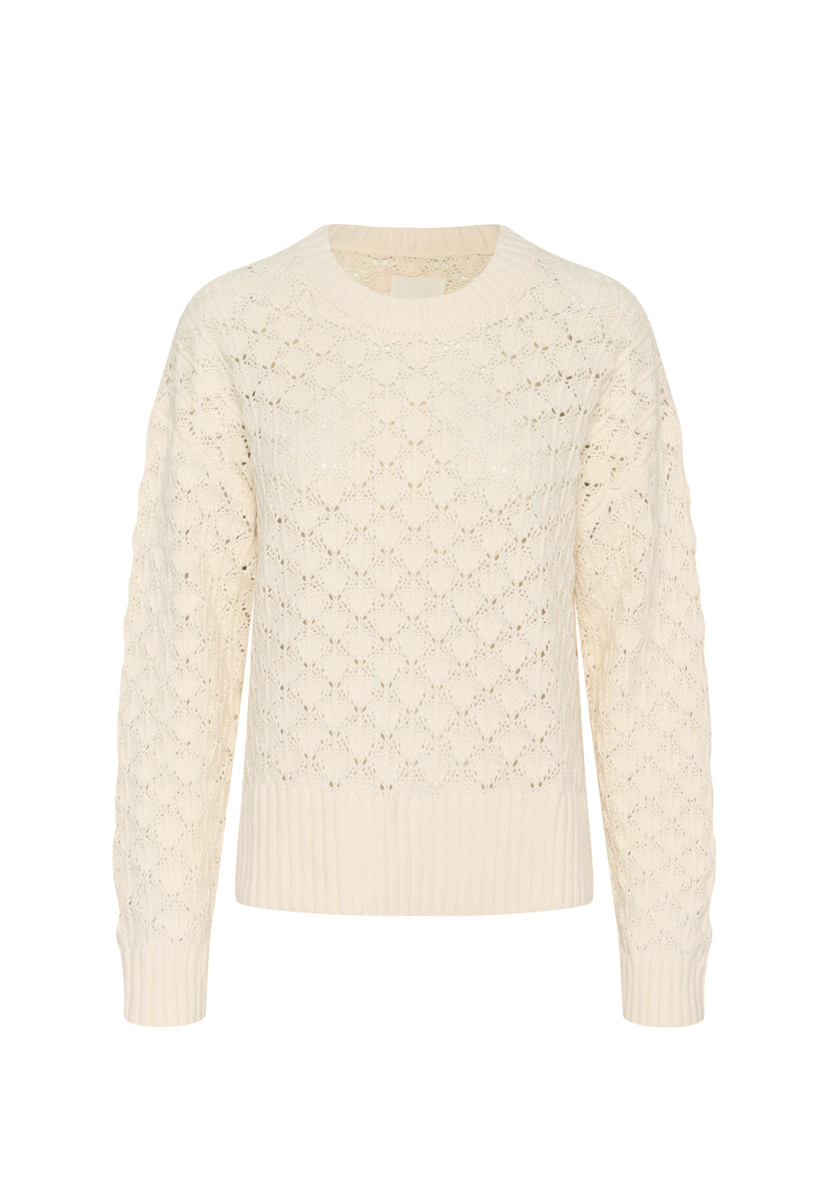 Cremfarbener, gestrickter Pullover mit einem Rauten-Spitzenmuster, gerippten Bündchen und Saum sowie einem klassischen Rundhalsausschnitt. Strukturierter und leichter Stoff.