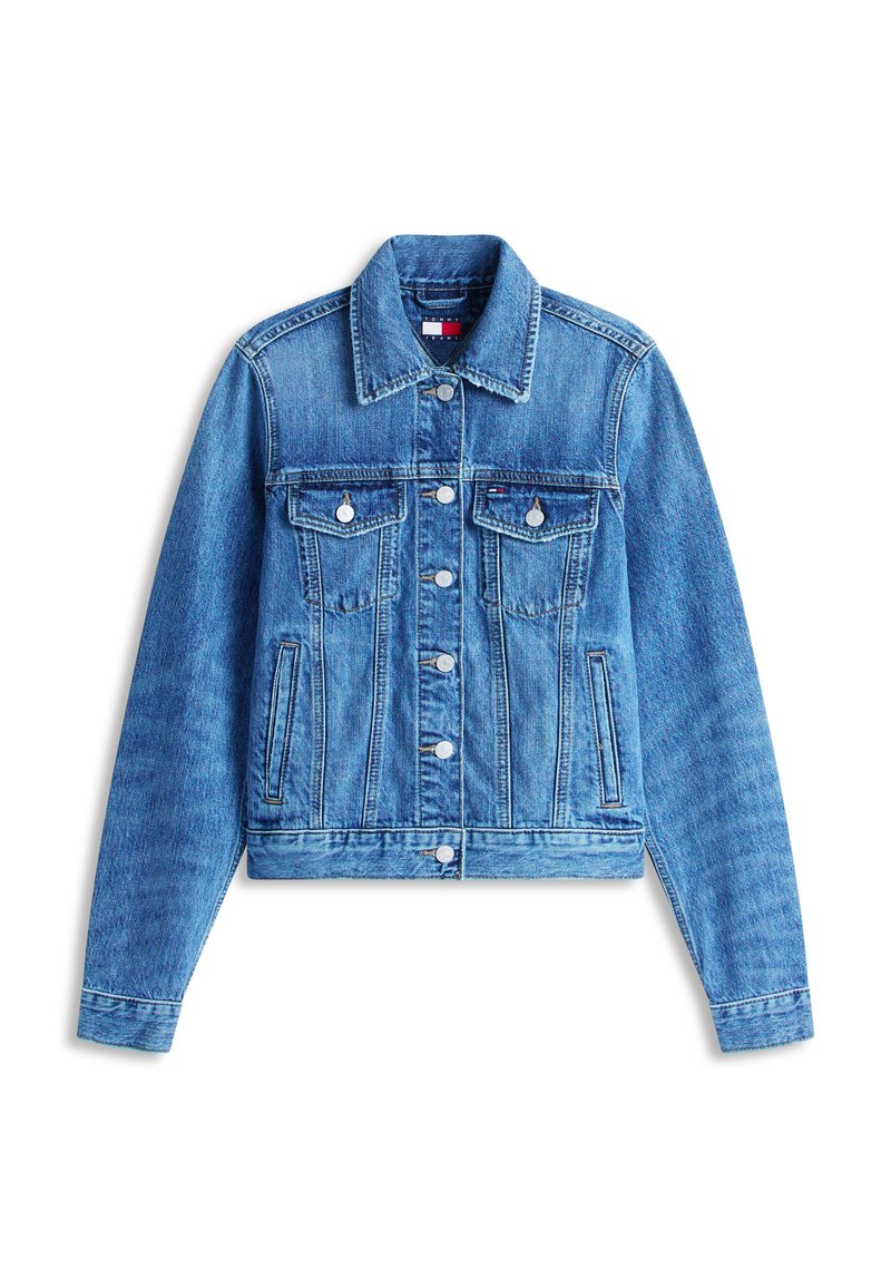 Blaue Jeansjacke mit Knopfleiste, zwei Brustklappentaschen, seitlichen Einschubtaschen und gesteppter Nahtführung.