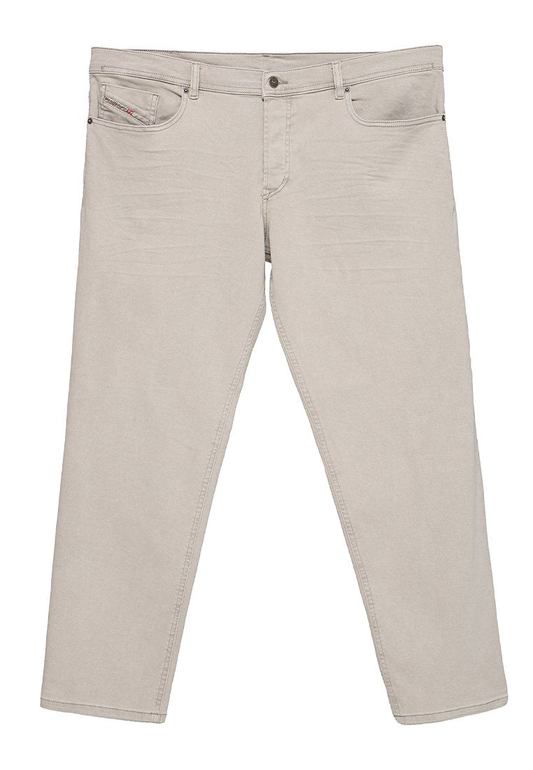 Helle beige Jeans mit geradem Schnitt. Verfügt über Fronttaschen, einen Reißverschluss und dezente Stickdetails. Glatte Textur.