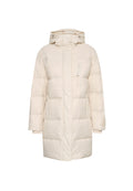 Cremfarbener Puffer-Jacke mit Kapuze, featuring einen Reißverschluss vorne, gerippten Bündchen und einer Brusttasche. Strukturiertes, gesteppte Design, knielang.