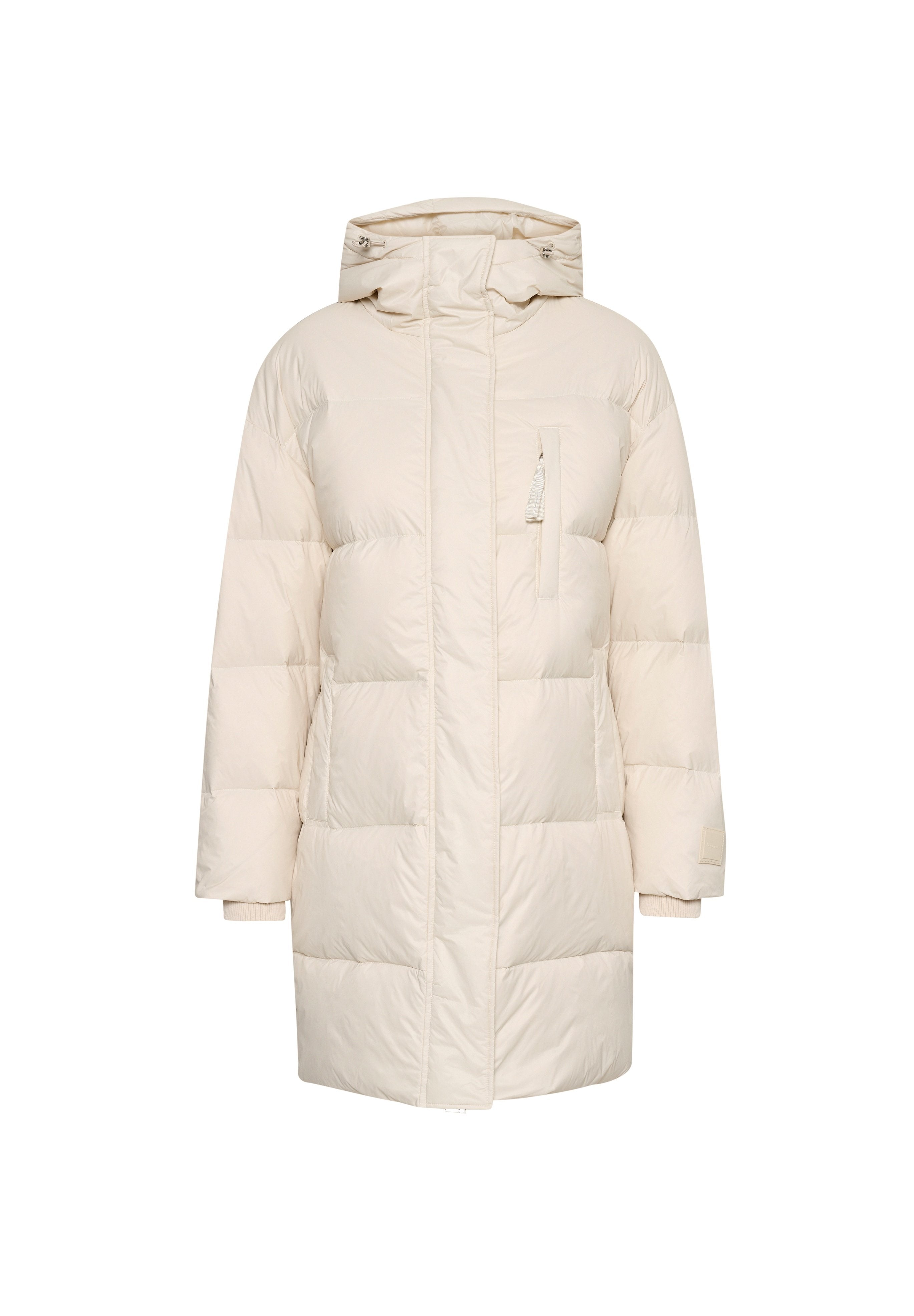 Cremfarbener Puffer-Jacke mit Kapuze, featuring einen Reißverschluss vorne, gerippten Bündchen und einer Brusttasche. Strukturiertes, gesteppte Design, knielang.