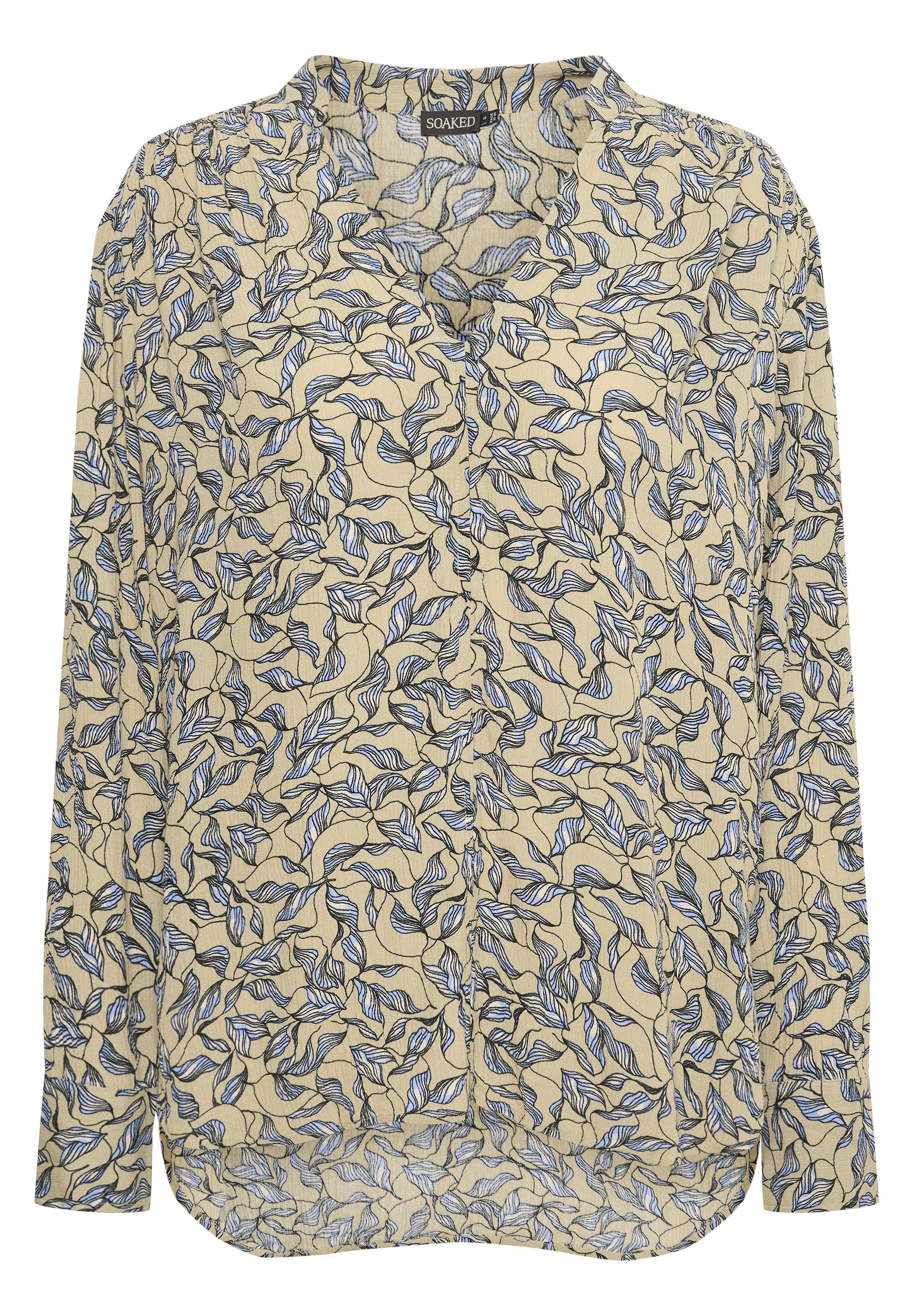 Langärmelige Bluse aus leichtem Crepe-Stoff mit gelbem Grund und blauen sowie schwarzen Blattmustern; runder Ausschnitt und geschwungener Saum.