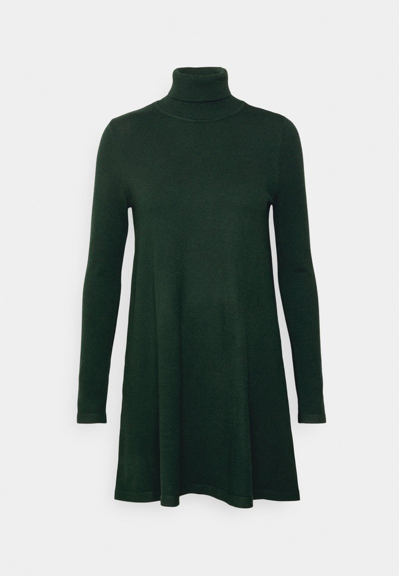 Grünes Strickkleid mit hohem Kragen, langen Ärmeln und einem lockeren Schnitt. Glatte Textur und leicht ausgestellter Silhouette am Saum.