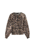 Langärmelige Bluse mit braunem und schwarzem Leopardenmuster, elastischem Bund und Bündchen sowie einer kleinen Schleife am Ausschnitt.