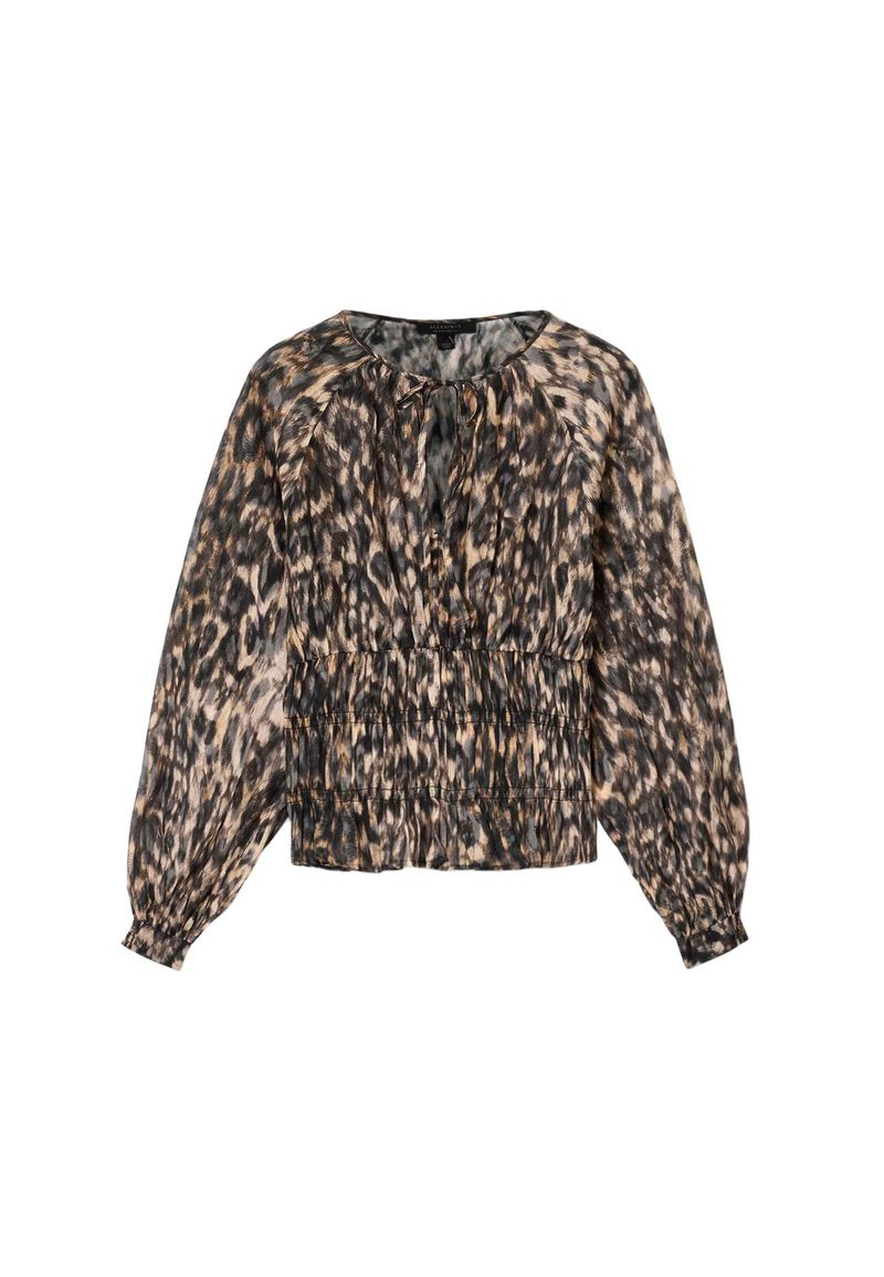 Langärmelige Bluse mit braunem und schwarzem Leopardenmuster, elastischem Bund und Bündchen sowie einer kleinen Schleife am Ausschnitt.