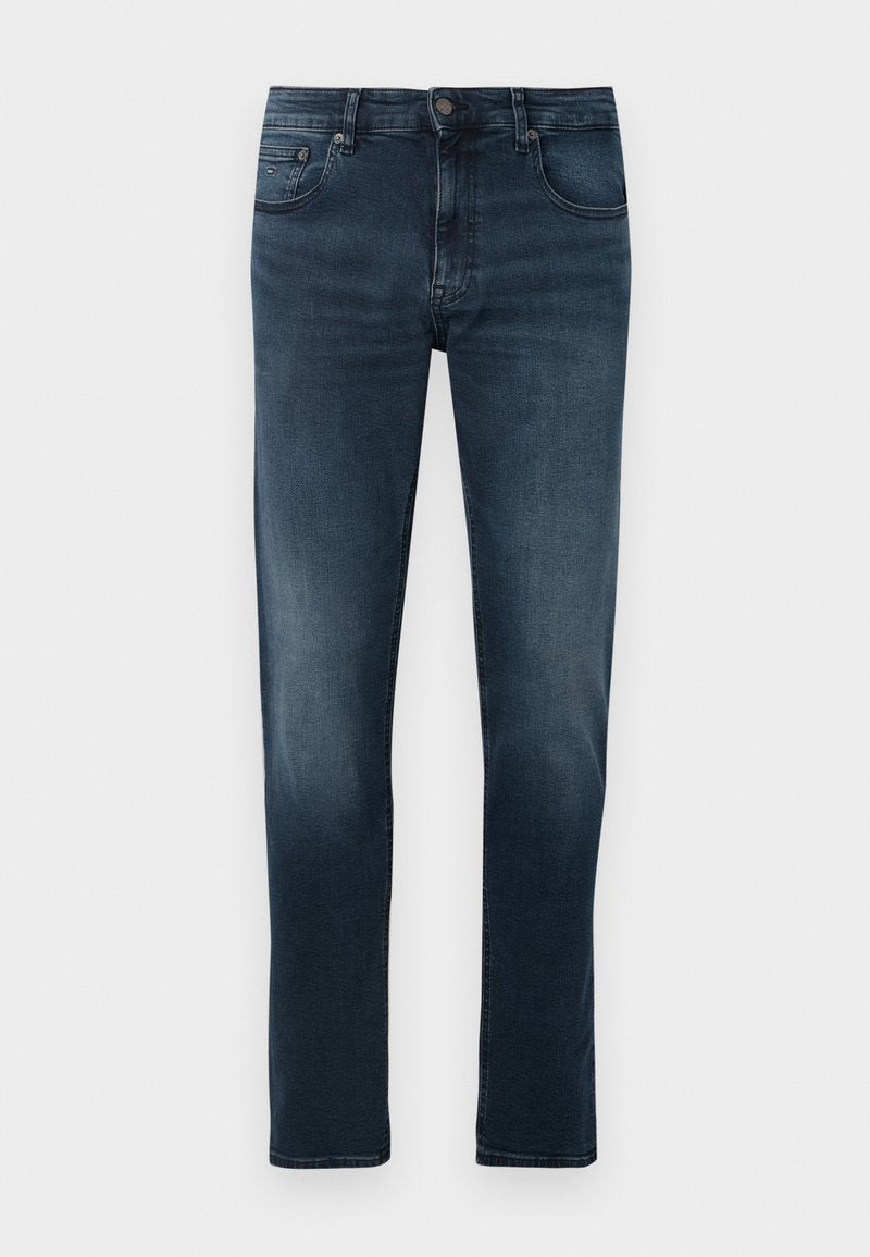 Dunkelblaue, schmal geschnittene Herrenjeans mit vorderem Knopfverschluss, Reißverschluss, fünf Taschen und leichten Ausbleichungen an Oberschenkeln und Knien.