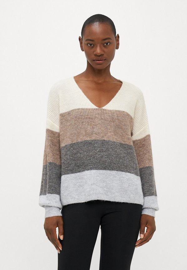 Vero Moda Petite VMDESMA V NECK - Jumper - birch/silver mink/medium grey melange/light grey melange