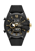 Schwarz-goldene Diesel-Armbanduhr mit analoger und digitaler Anzeige, Stoffarmband und Tag-, Datums- sowie 24-Stunden-Zeit-Anzeige.