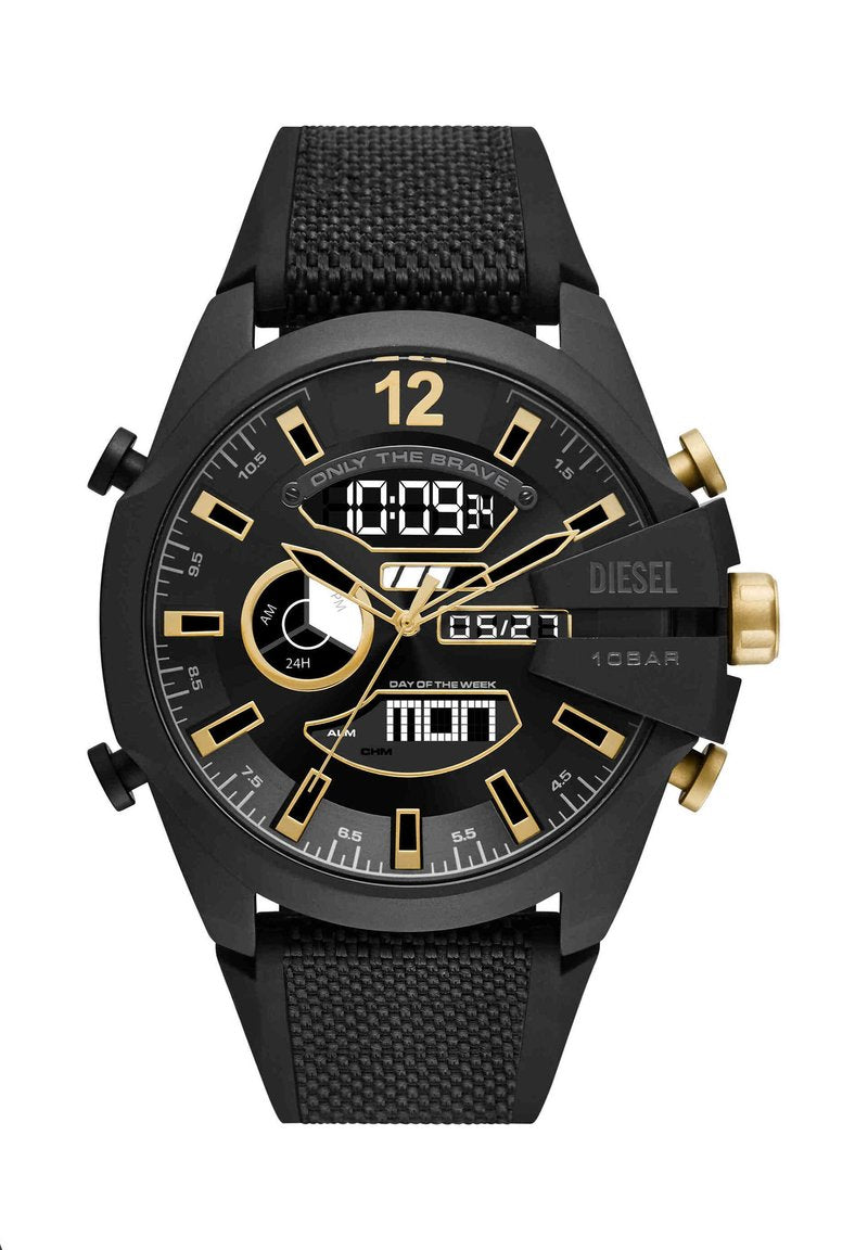 Schwarz-goldene Diesel-Armbanduhr mit analoger und digitaler Anzeige, Stoffarmband und Tag-, Datums- sowie 24-Stunden-Zeit-Anzeige.