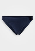 Marineblaue Bikinihose mit glatter Textur, niedrig geschnittenem Design und minimalistischem Stil. Verfügt über dezente Nähte an den Kanten.