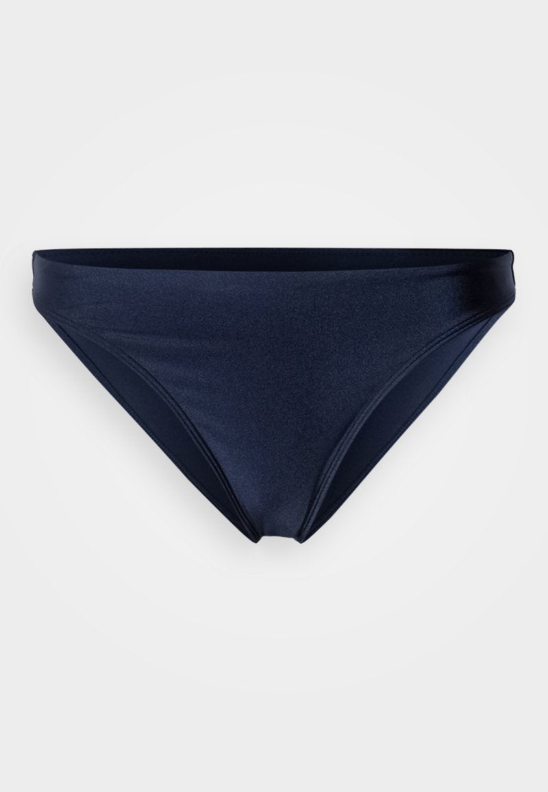 Marineblaue Bikinihose mit glatter Textur, niedrig geschnittenem Design und minimalistischem Stil. Verfügt über dezente Nähte an den Kanten.