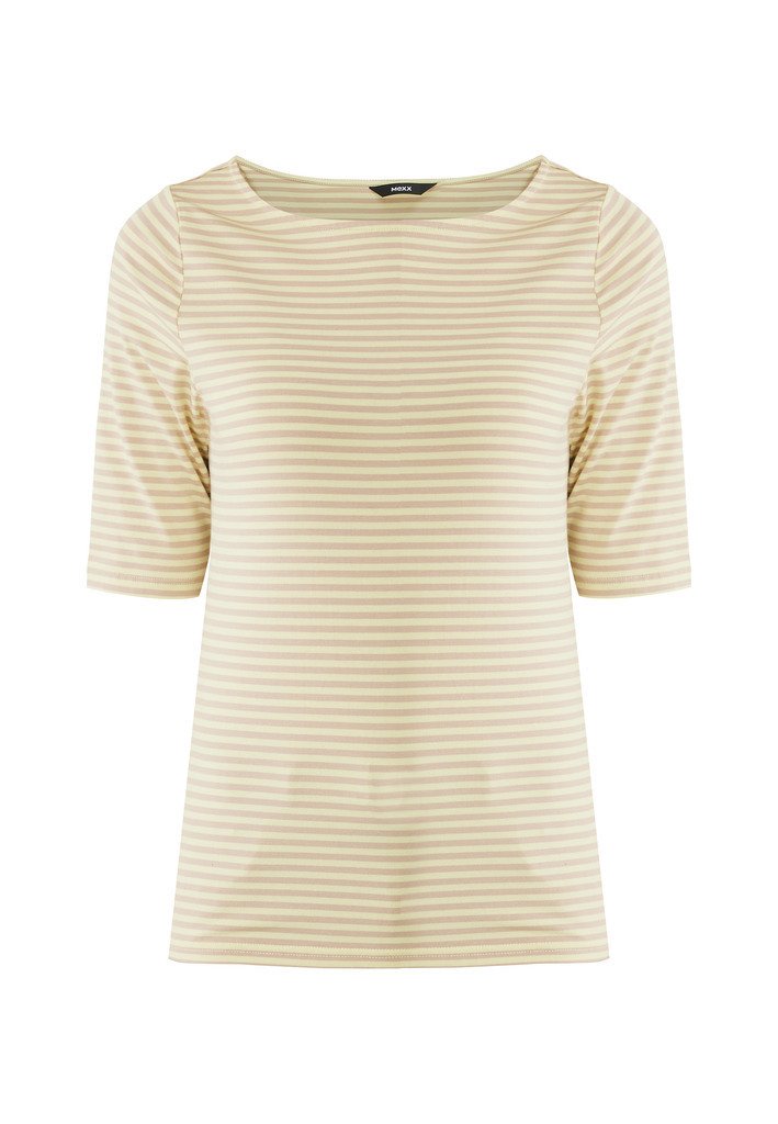 Hellbeige T-Shirt mit horizontalen Streifen, ausgestattet mit einem Rundhalsausschnitt und kurzen Ärmeln. Hergestellt aus einem weichen, elastischen Stoff für zusätzlichen Komfort.