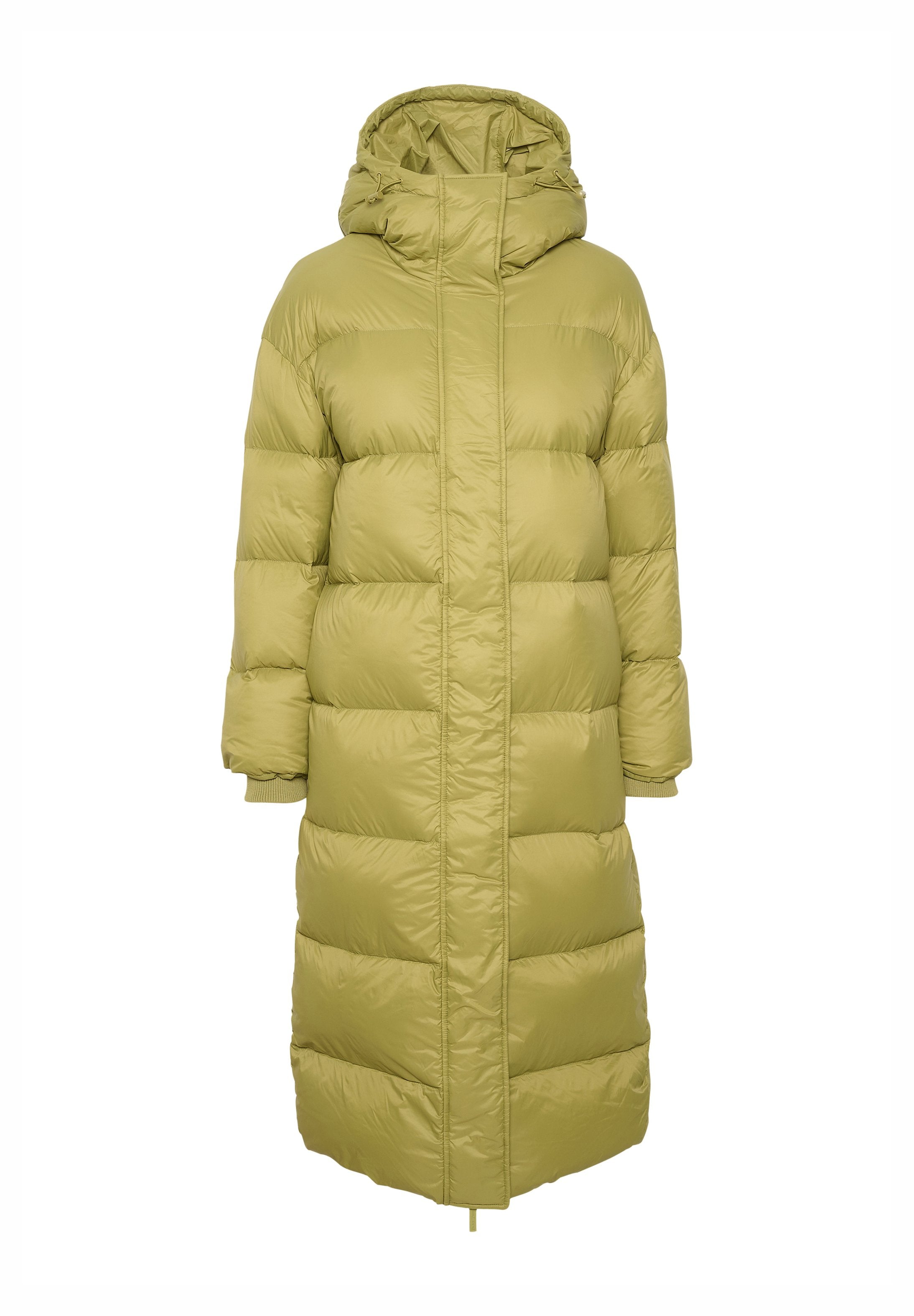 Daunenjacke mit Kapuze, aus leichtem olivgrünem Stoff. Verfügt über horizontale Steppabschnitte und gerippte Bündchen. Mittellanges Design.