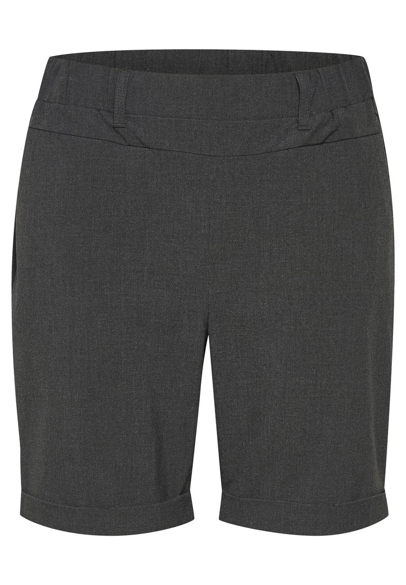 Grau maßgeschneiderte Shorts aus einem glatten Stoff mit einem angepassten Bund, versehen mit Seitentaschen und umgeschlagenen Säumen.