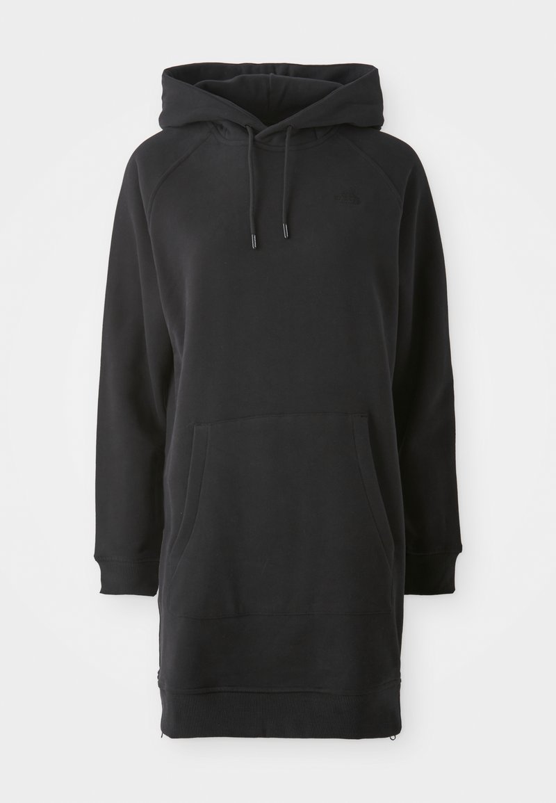 Schwarzes Kapuzenkleid mit Kängurutasche, gerippten Bündchen und verstellbaren Kordeln. Hergestellt aus weichem Stoff mit lockerer Passform.