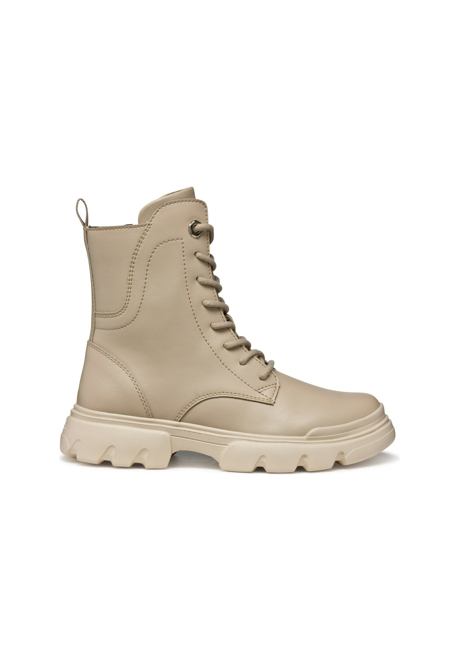 Beige Kunstleder-Ankle-Boot mit Schnürung, runder Zehenpartie, strukturiertem Sohlenprofil und einer Zuglasche hinten, ausgestattet mit einem robusten Sohlen-Design.