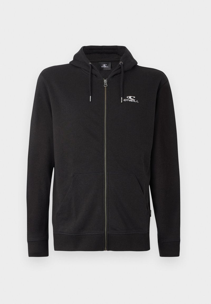 Schwarze Zip-Hoodie mit Fronttaschen, Kordelzugkapuze und O'Neill-Logo auf der linken Brust.