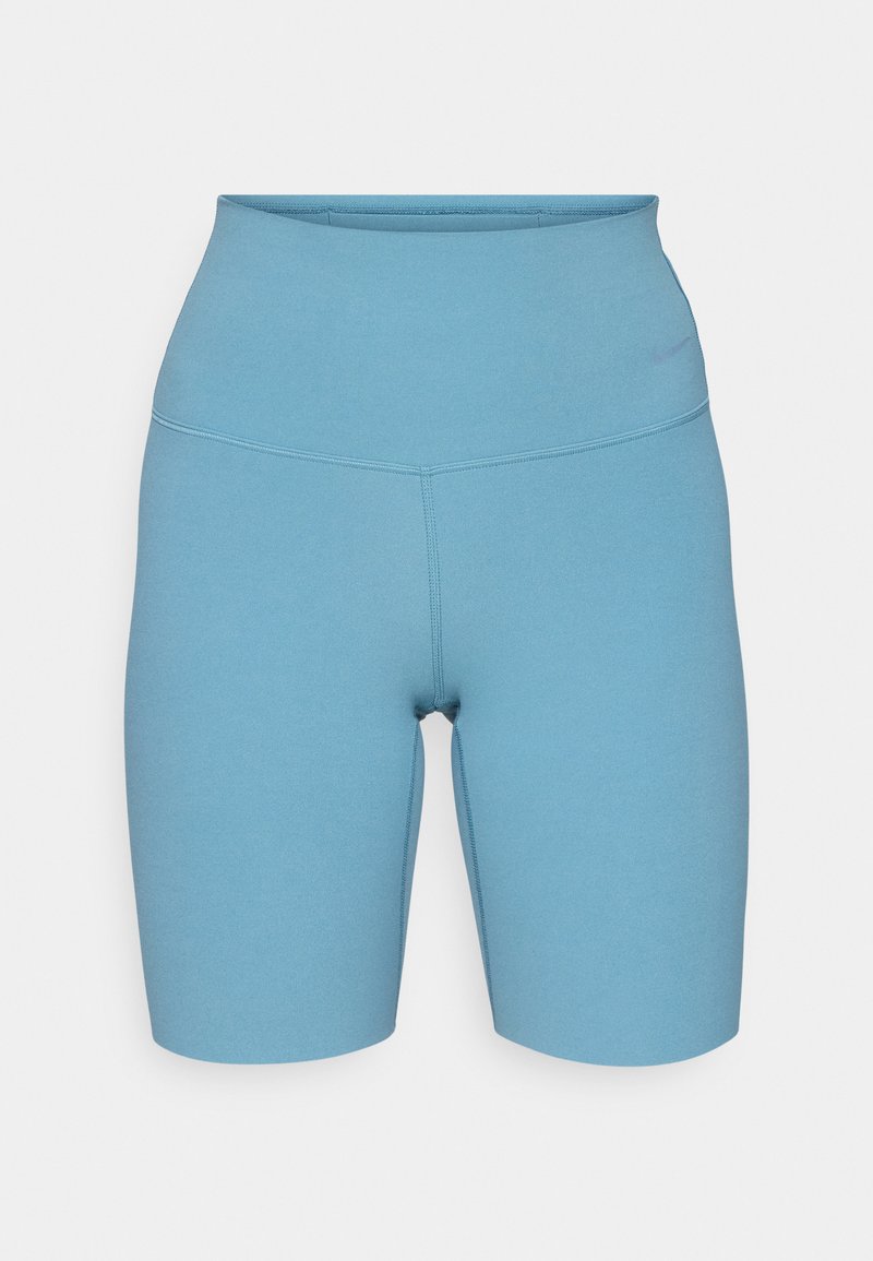 Hochtaillierte blaue Shorts aus dehnfähigem Material, mit flachen Nähten und glatter Oberfläche, entworfen für Komfort und Beweglichkeit.