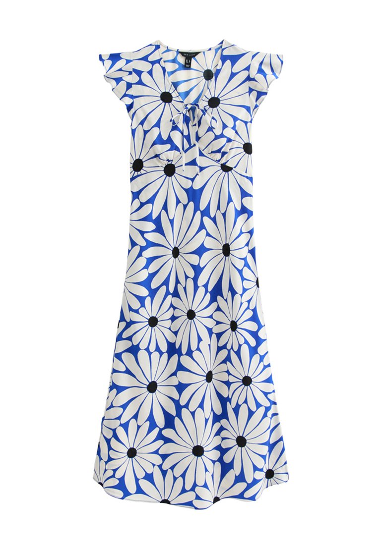 Blaues ärmelloses Kleid mit weißem Gänseblümchenmuster und schwarzen Mittelpunkten, das über einen V-Ausschnitt, Rüschensäume und eine Bindeschleife vorne verfügt.