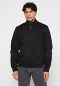 Schwarze Jacke mit strukturiertem Kragen, Reißverschluss und Seitentaschen. Verfügt über eine glatte Textur und gerippte Bündchen für zusätzlichen Stil.