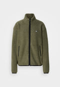 Fleecejacke in Olivgrün mit hohem Kragen, durchgehendem Frontreißverschluss, schwarzen Akzenten und zwei Seitentaschen. Weicher, strukturierter Stoff.